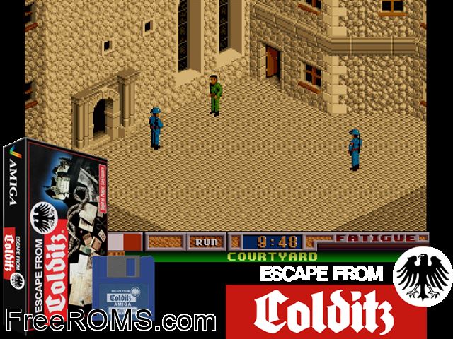 Escape from Colditz Amiga game showing 3D box cover and gameplay screenshot